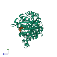 PDB entry 1qpk coloured by chain, side view.