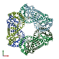 PDB entry 1qpo coloured by chain, front view.