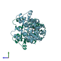 PDB entry 1qq7 coloured by chain, side view.