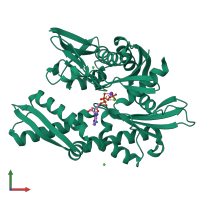 PDB entry 1qqm coloured by chain, front view.