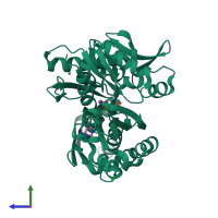 PDB entry 1qqm coloured by chain, side view.