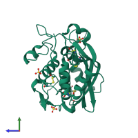 PDB entry 1qqq coloured by chain, side view.