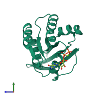 PDB entry 1qra coloured by chain, side view.