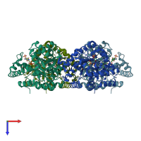 PDB entry 1qrq coloured by chain, top view.