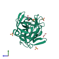 PDB entry 1qrw coloured by chain, side view.