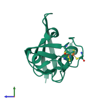 PDB entry 1qt9 coloured by chain, side view.