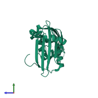 PDB entry 1qts coloured by chain, side view.