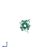 Homo trimeric assembly 1 of PDB entry 1qu1 coloured by chemically distinct molecules, side view.