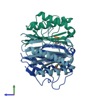 PDB entry 1qu9 coloured by chain, side view.