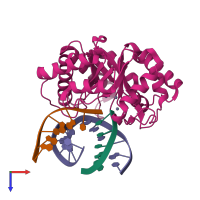 PDB entry 1qum coloured by chain, top view.