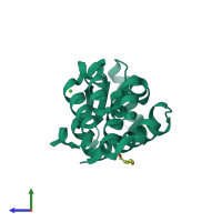 PDB entry 1quo coloured by chain, side view.