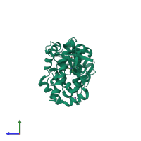 PDB entry 1qus coloured by chain, side view.