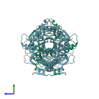 PDB entry 1qvb coloured by chain, side view.