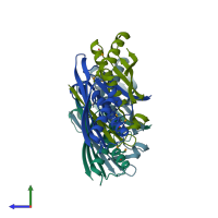 PDB entry 1qwi coloured by chain, side view.