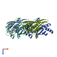 PDB entry 1qwi coloured by chain, top view.