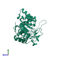 PDB entry 1qwk coloured by chain, side view.