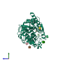 PDB entry 1qwo coloured by chain, side view.