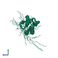 PDB entry 1qwv coloured by chain, ensemble of 20 models, side view.