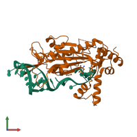 PDB entry 1qx0 coloured by chain, front view.
