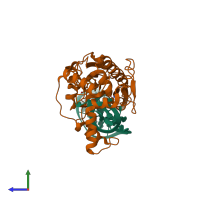 PDB entry 1qx0 coloured by chain, side view.