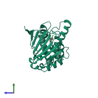 PDB entry 1qye coloured by chain, side view.