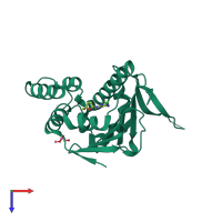 PDB entry 1qye coloured by chain, top view.