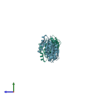 PDB entry 1qyr coloured by chain, side view.