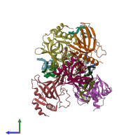 PDB entry 1qzh coloured by chain, side view.