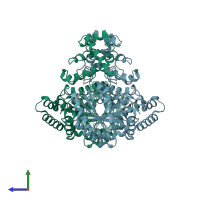 PDB entry 1qzx coloured by chain, side view.