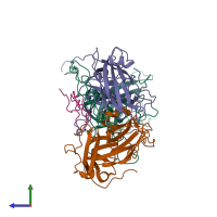 PDB entry 1r08 coloured by chain, side view.