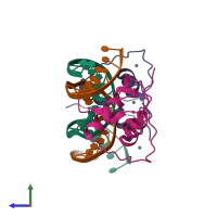 PDB entry 1r0o coloured by chain, side view.