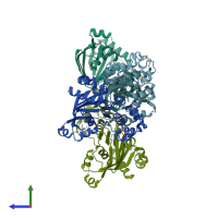 PDB entry 1r0w coloured by chain, side view.