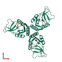 Homo trimeric assembly 1 of PDB entry 1r14 coloured by chemically distinct molecules, front view.