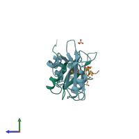 PDB entry 1r1q coloured by chain, side view.