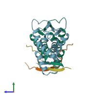 PDB entry 1r2b coloured by chain, side view.