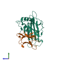 Hetero dimeric assembly 1 of PDB entry 1r3h coloured by chemically distinct molecules, side view.