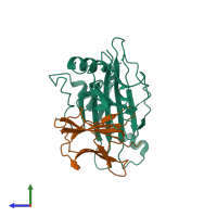 Hetero dimeric assembly 2 of PDB entry 1r3h coloured by chemically distinct molecules, side view.