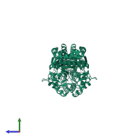 Homo dimeric assembly 1 of PDB entry 1r3n coloured by chemically distinct molecules, side view.