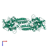 Homo dimeric assembly 1 of PDB entry 1r3n coloured by chemically distinct molecules, top view.