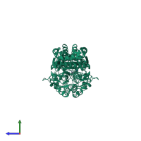 Homo dimeric assembly 2 of PDB entry 1r3n coloured by chemically distinct molecules, side view.