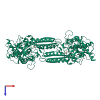 Homo dimeric assembly 2 of PDB entry 1r3n coloured by chemically distinct molecules, top view.