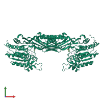 Homo dimeric assembly 3 of PDB entry 1r3n coloured by chemically distinct molecules, front view.