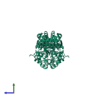 Homo dimeric assembly 3 of PDB entry 1r3n coloured by chemically distinct molecules, side view.