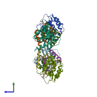 PDB entry 1r4a coloured by chain, side view.