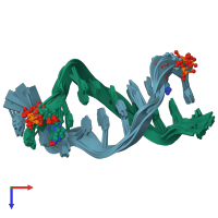 PDB entry 1r4d coloured by chain, ensemble of 11 models, top view.