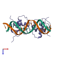 Hetero tetrameric assembly 1 of PDB entry 1r4i coloured by chemically distinct molecules, top view.