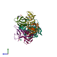 PDB entry 1r4p coloured by chain, side view.