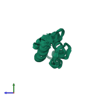 PDB entry 1r4t coloured by chain, ensemble of 23 models, side view.