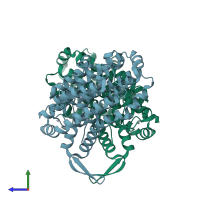PDB entry 1r65 coloured by chain, side view.