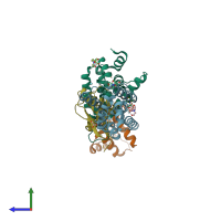 PDB entry 1r6q coloured by chain, side view.